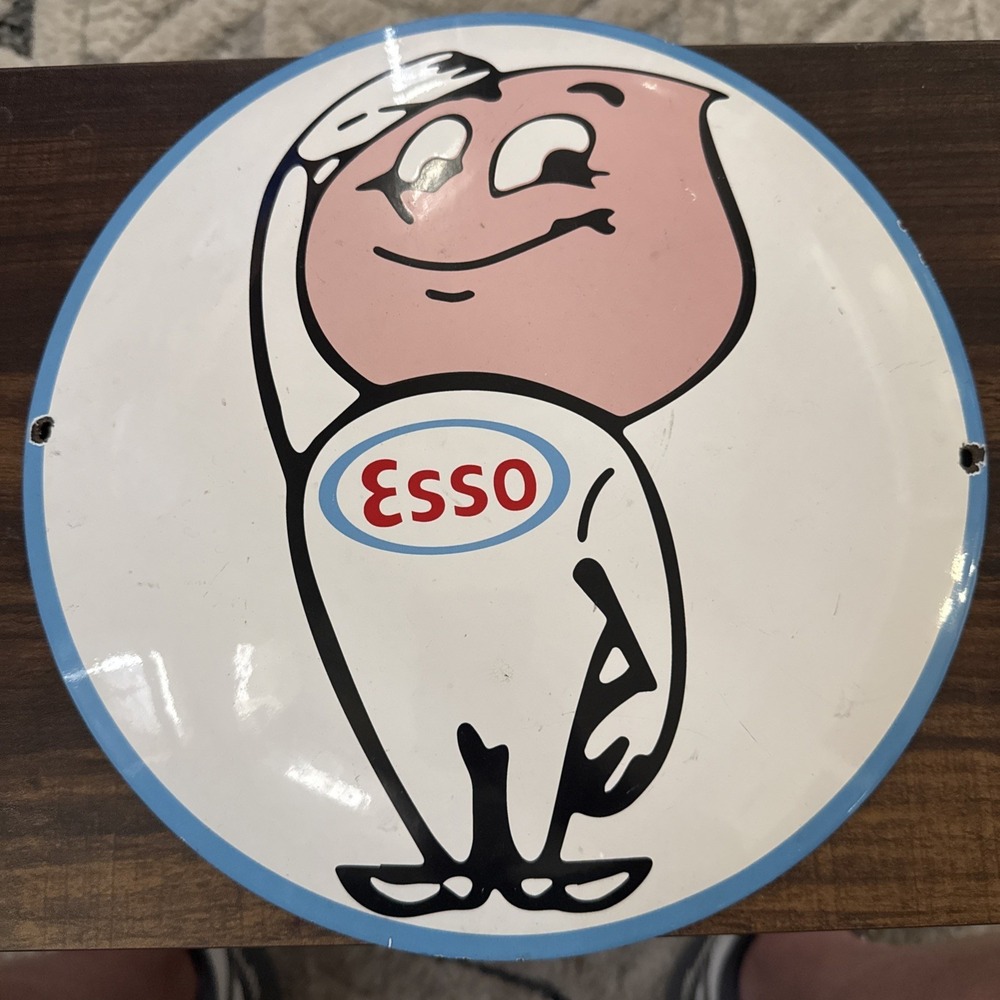 VINTAGE ESSO OIL DROP BOY 12 INCH CONVEX PORCELAIN ENAMEL SIGN